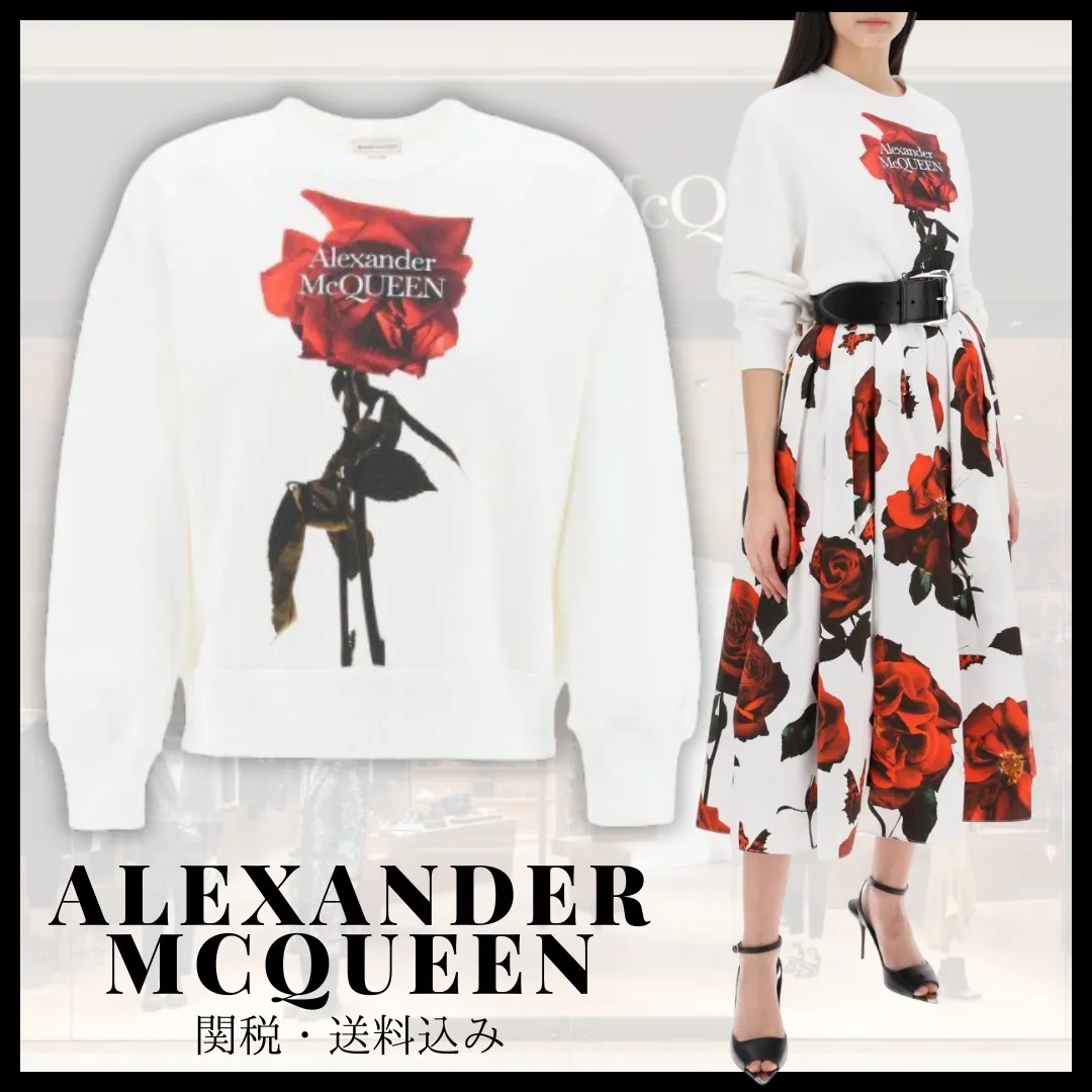 alexander mcqueen  |Crew Neck Flower Patterns Long Sleeves Cotton Logo