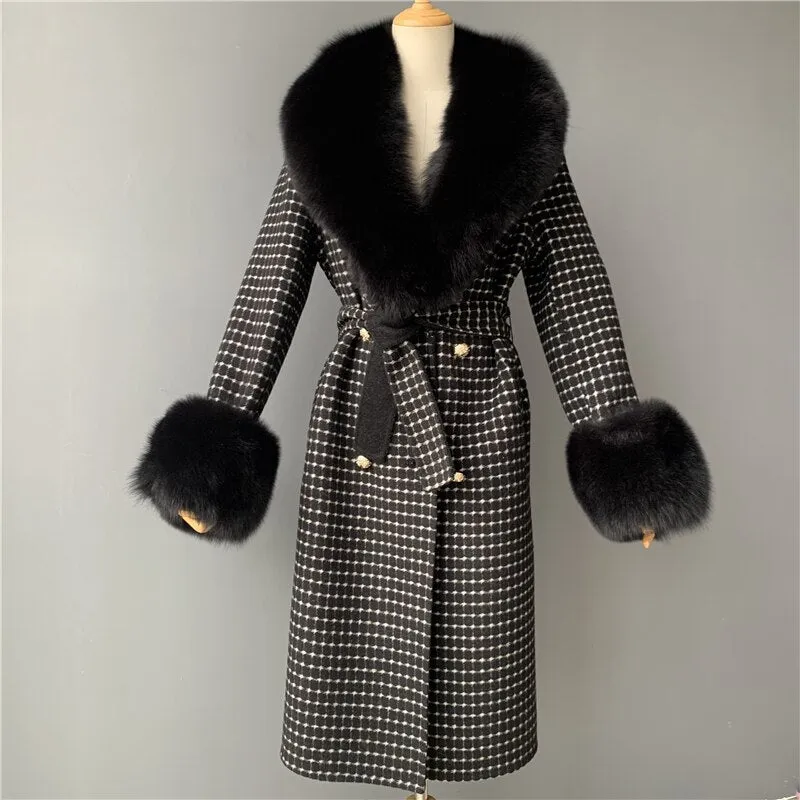 Black Checked Women Natural Fox Fur Collar Cashmere Wool Blends Long Winter Outerwear Streetwear