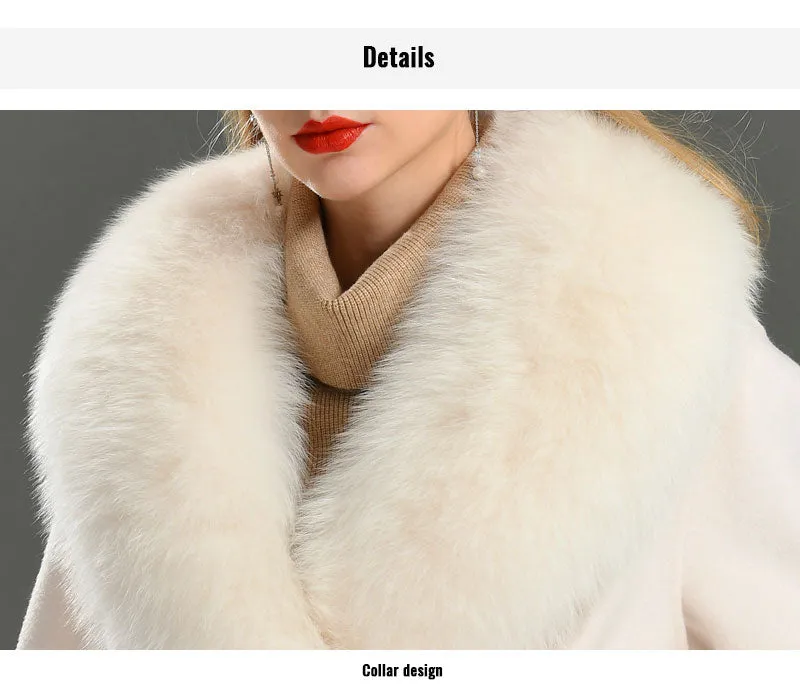 Black Checked Women Natural Fox Fur Collar Cashmere Wool Blends Long Winter Outerwear Streetwear