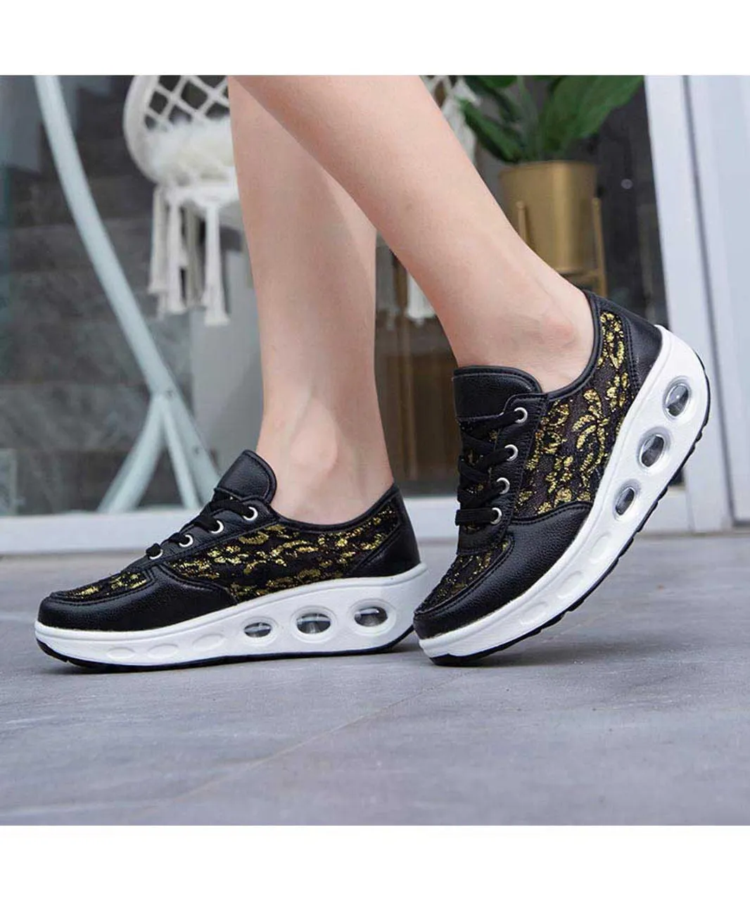 Black floral lace design rocker bottom shoe sneaker