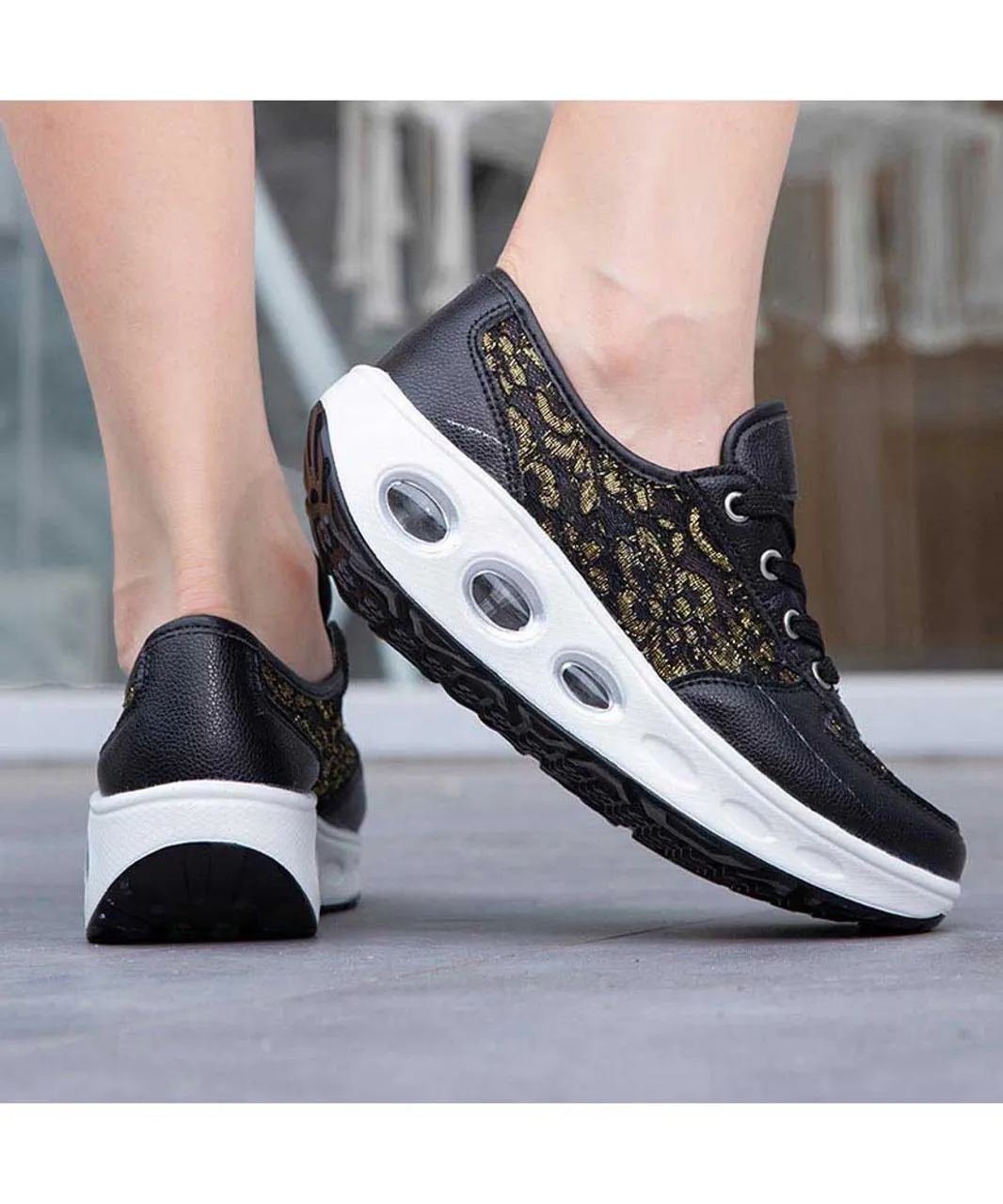 Black floral lace design rocker bottom shoe sneaker