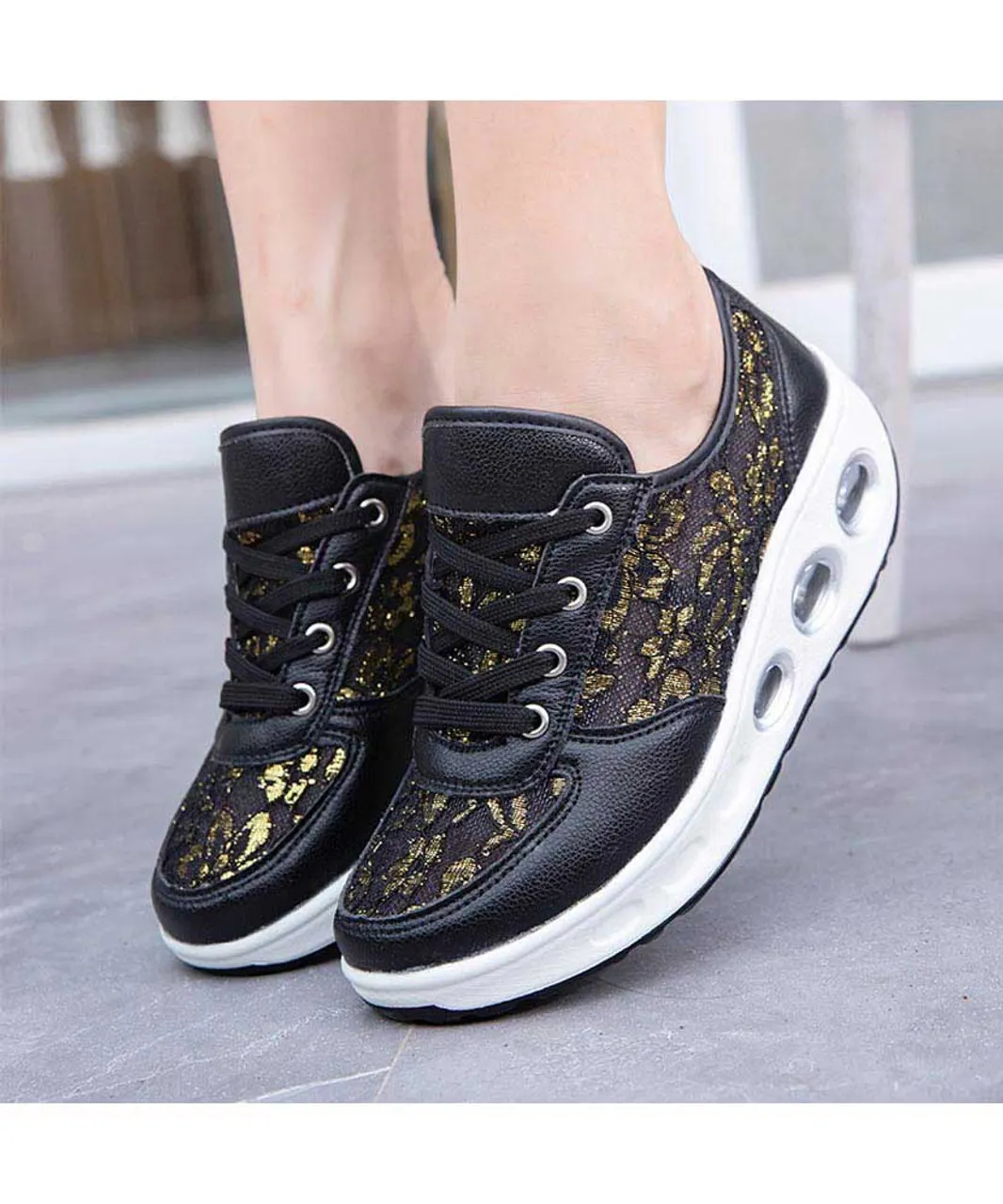 Black floral lace design rocker bottom shoe sneaker