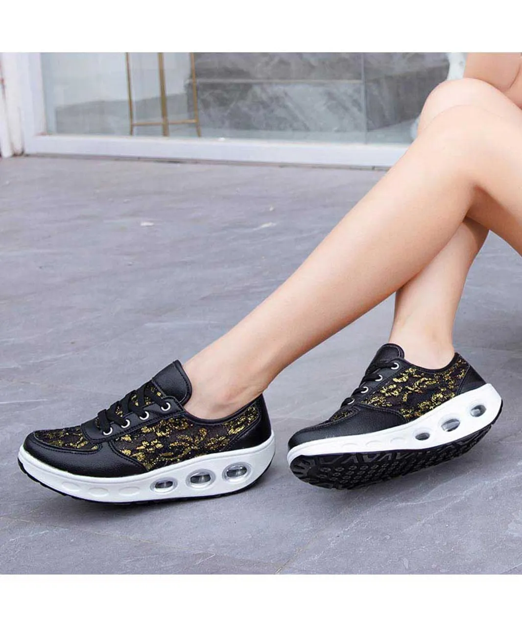 Black floral lace design rocker bottom shoe sneaker