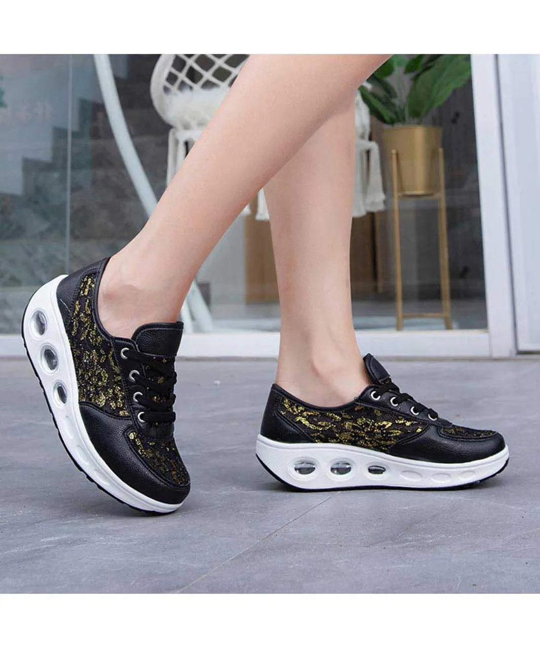 Black floral lace design rocker bottom shoe sneaker