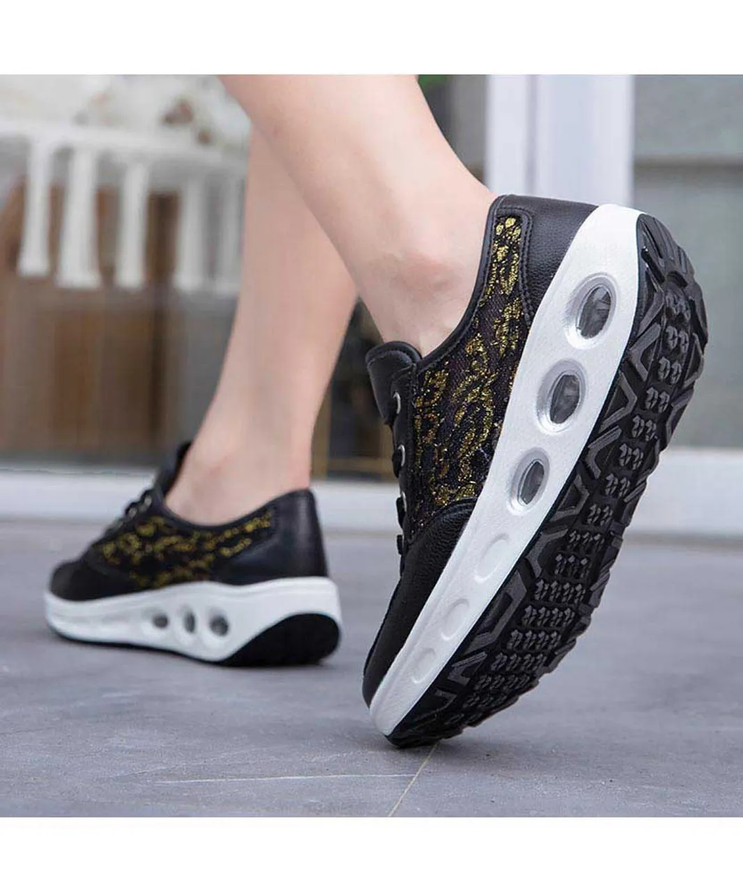 Black floral lace design rocker bottom shoe sneaker