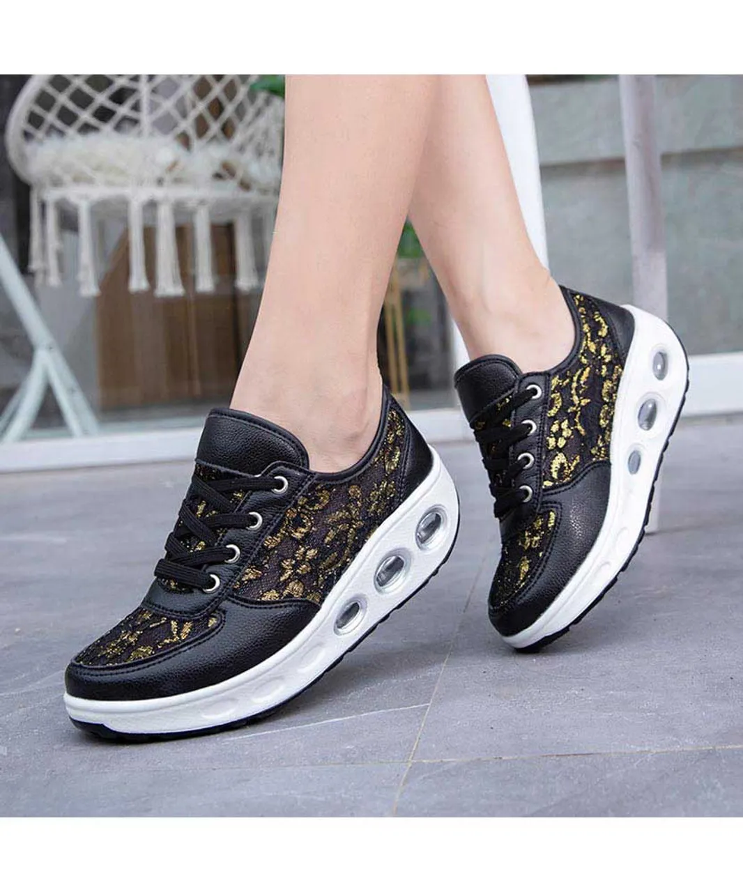 Black floral lace design rocker bottom shoe sneaker