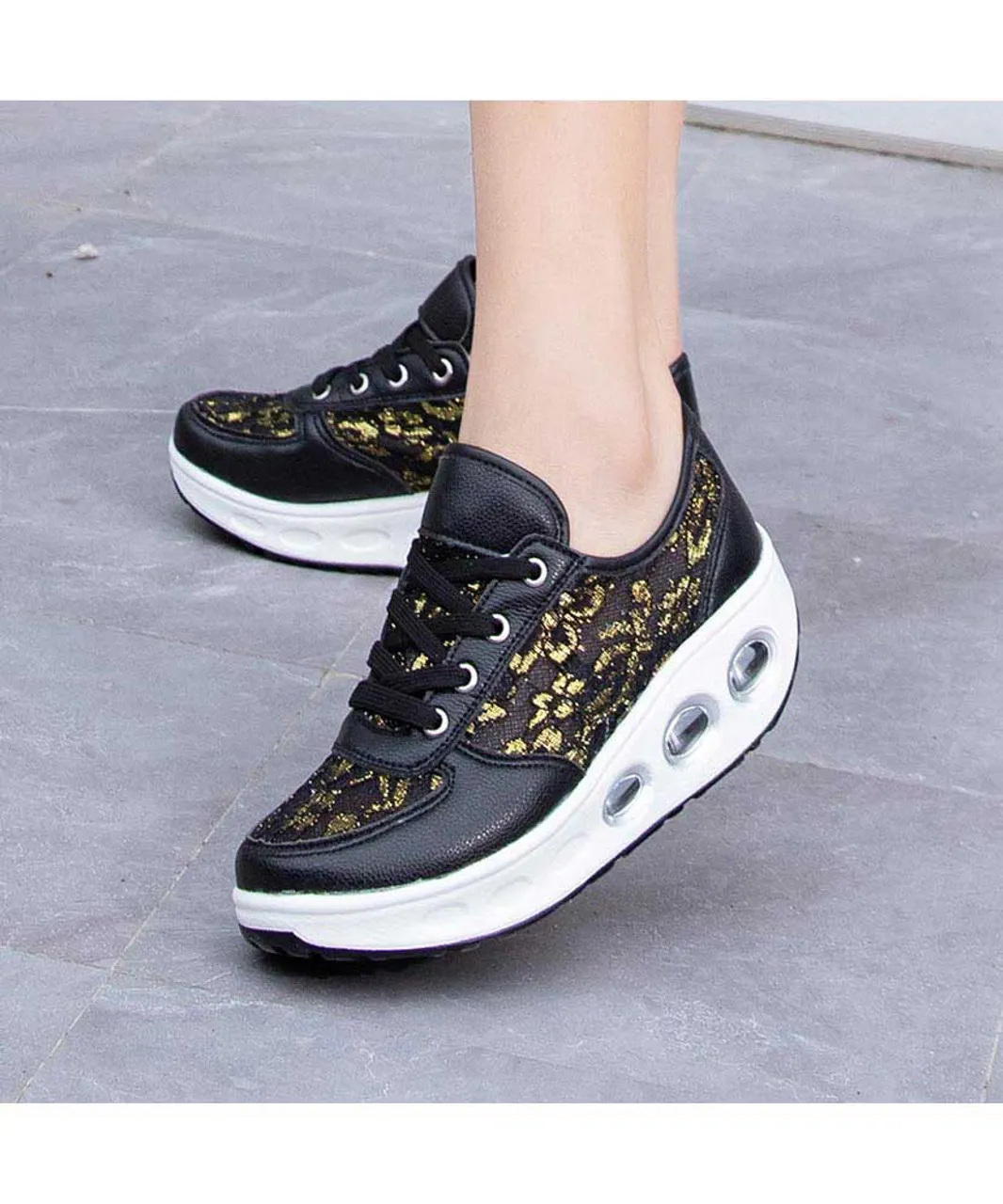 Black floral lace design rocker bottom shoe sneaker