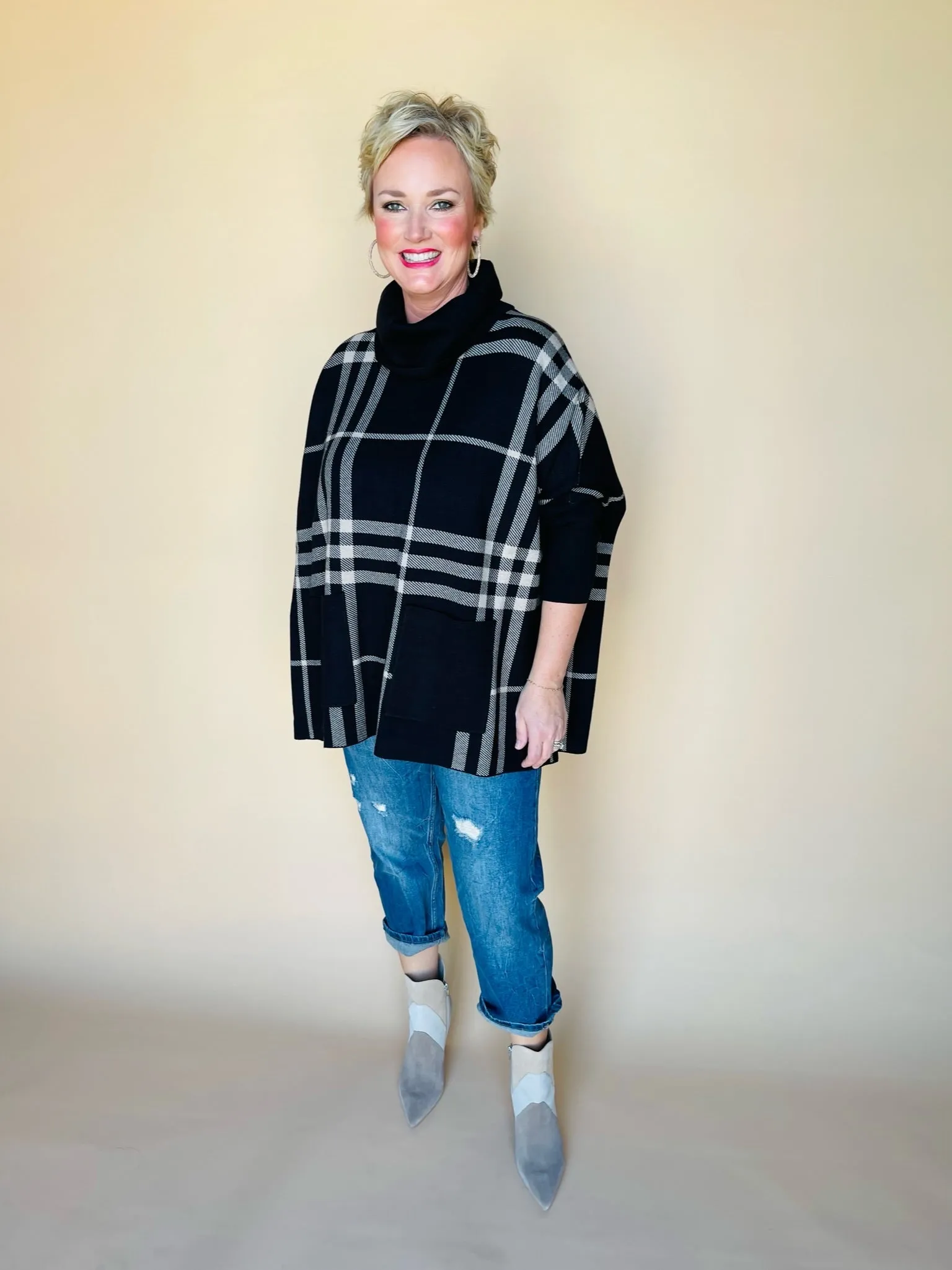 Cowl Neck Plaid Poncho