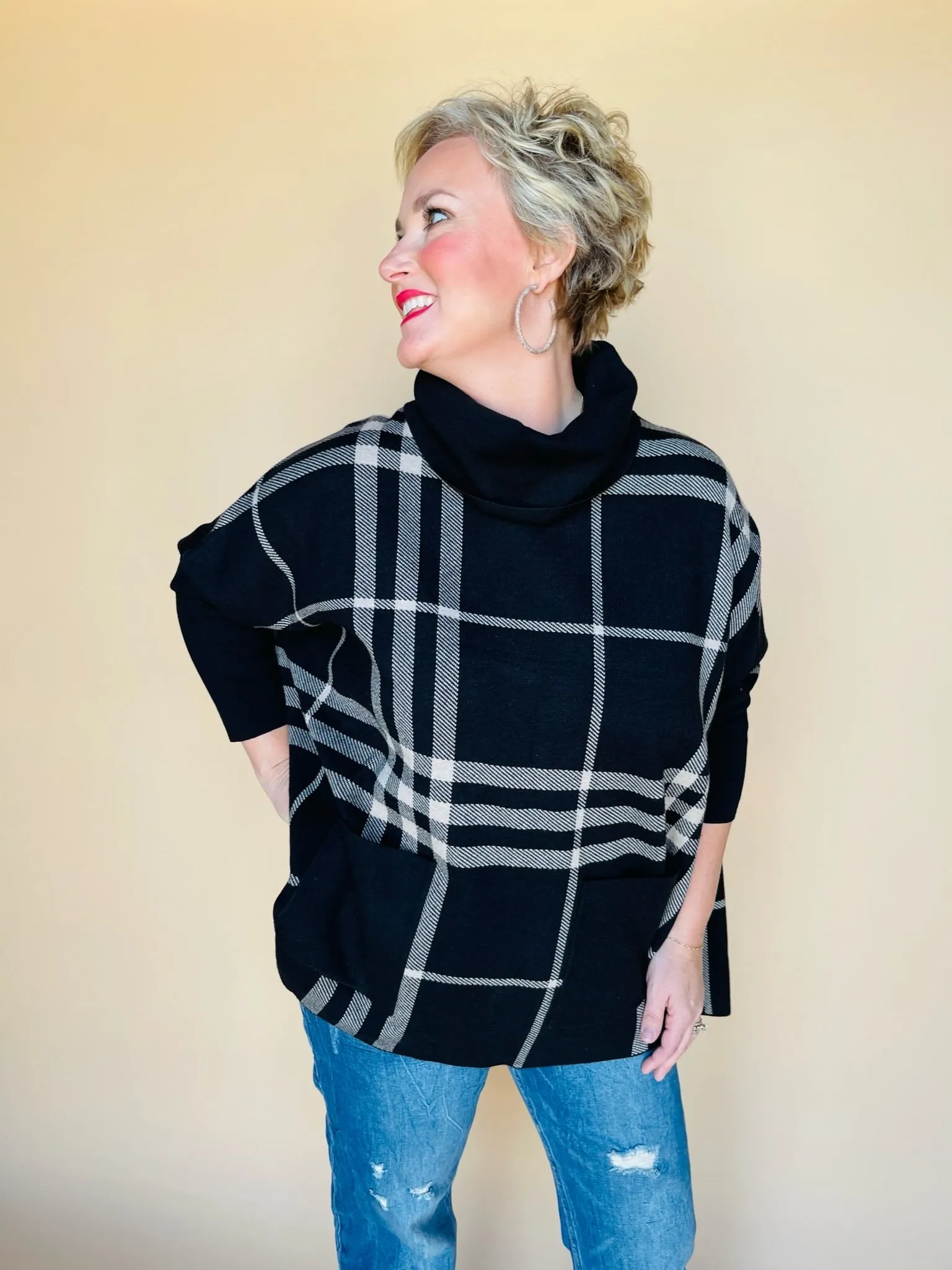 Cowl Neck Plaid Poncho