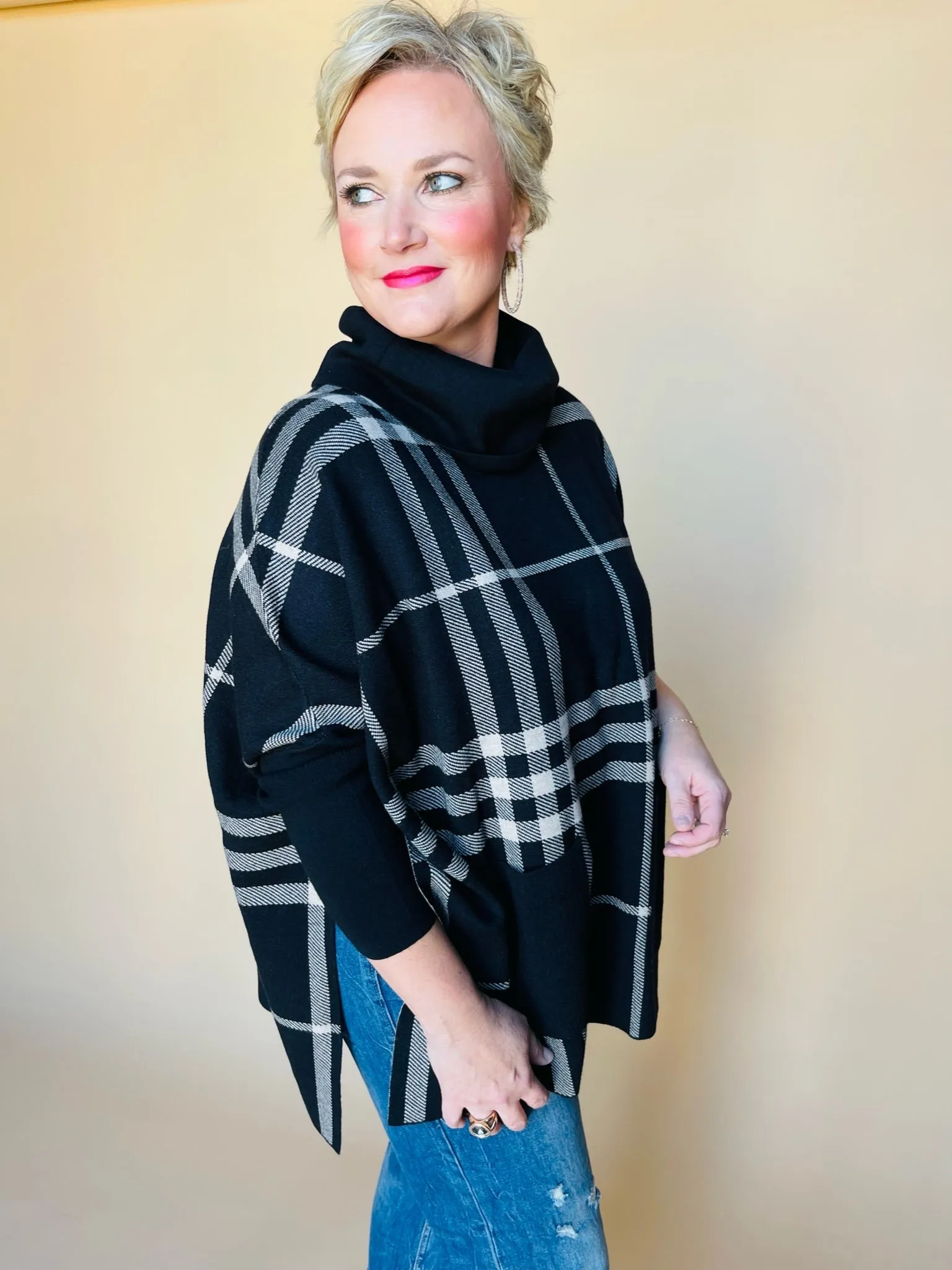 Cowl Neck Plaid Poncho