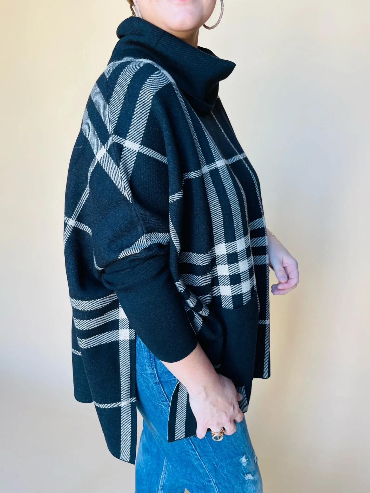 Cowl Neck Plaid Poncho