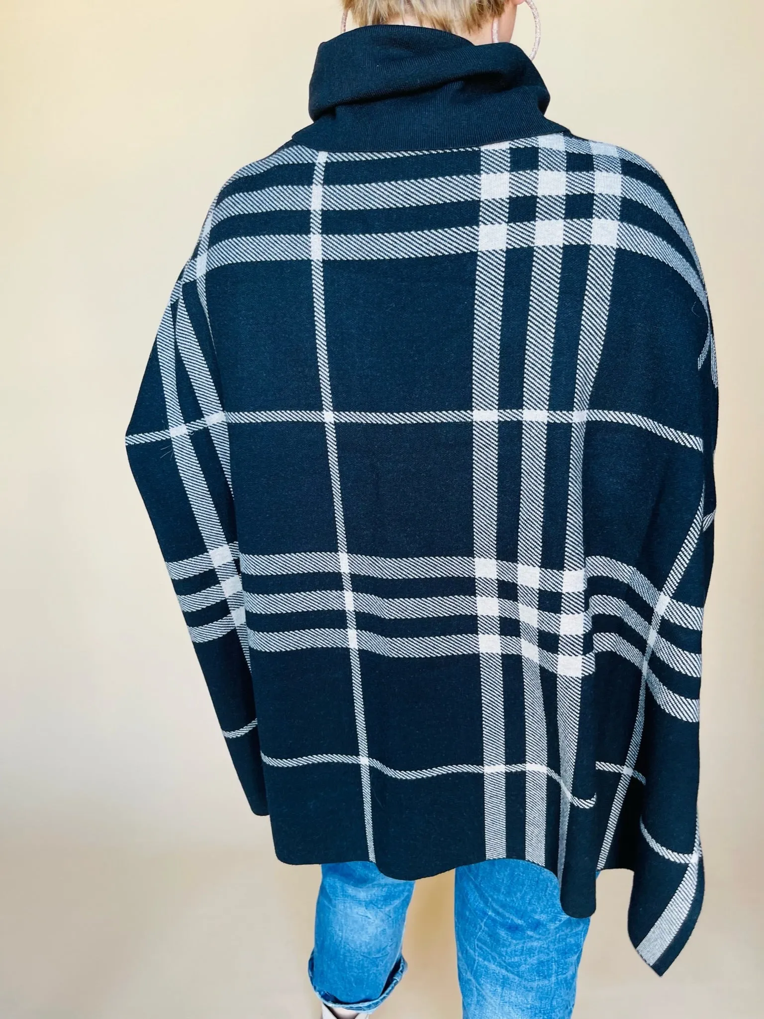 Cowl Neck Plaid Poncho