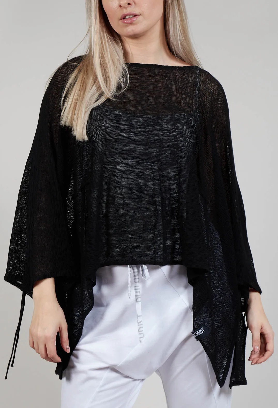 Drawstring Sleeve Poncho in Black