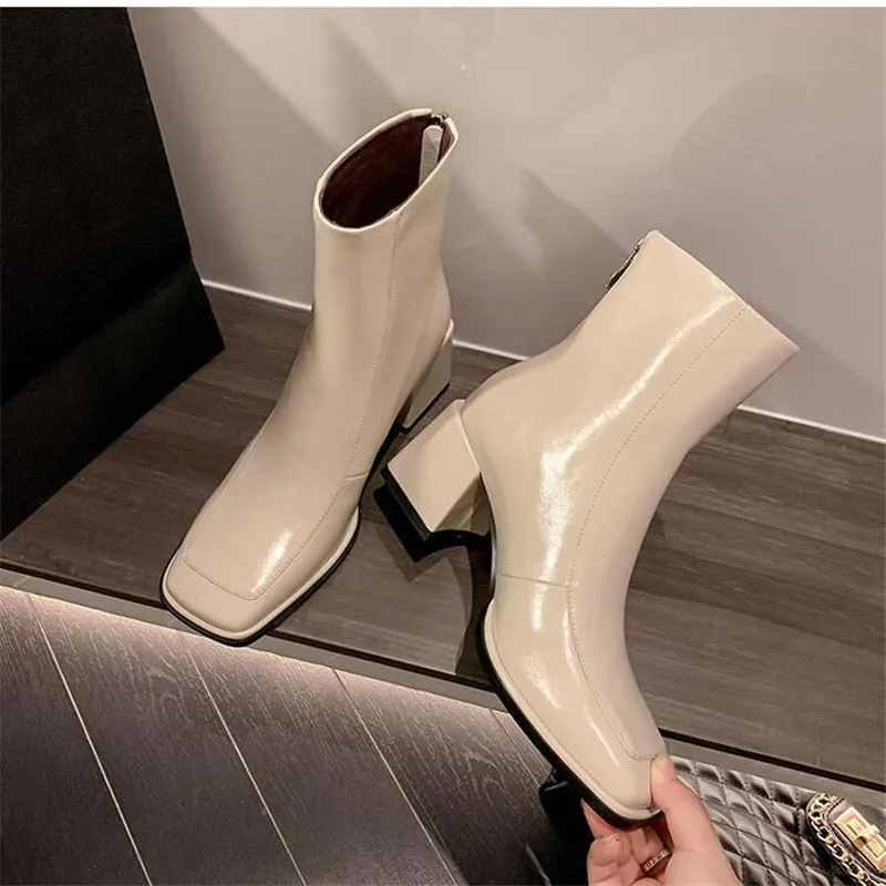 Elegant Women's Solid Square Toe Back Zipper Chunky High Heels Ankle Boots