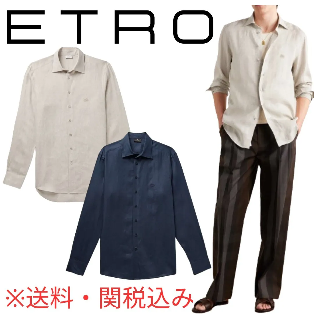 ETRO  |Button-down Linen Long Sleeves Logo Luxury Shirts