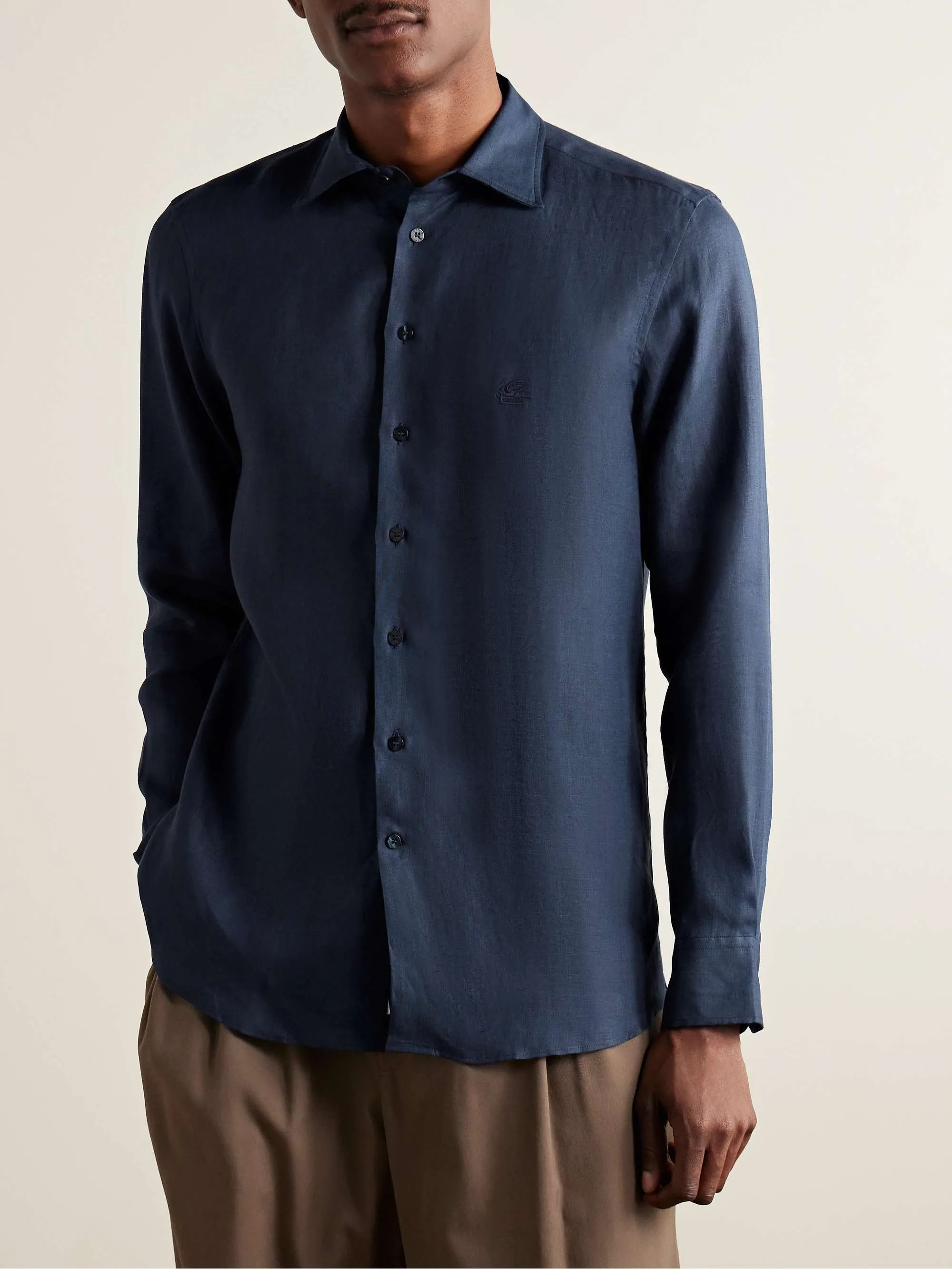 ETRO  |Button-down Linen Long Sleeves Logo Luxury Shirts