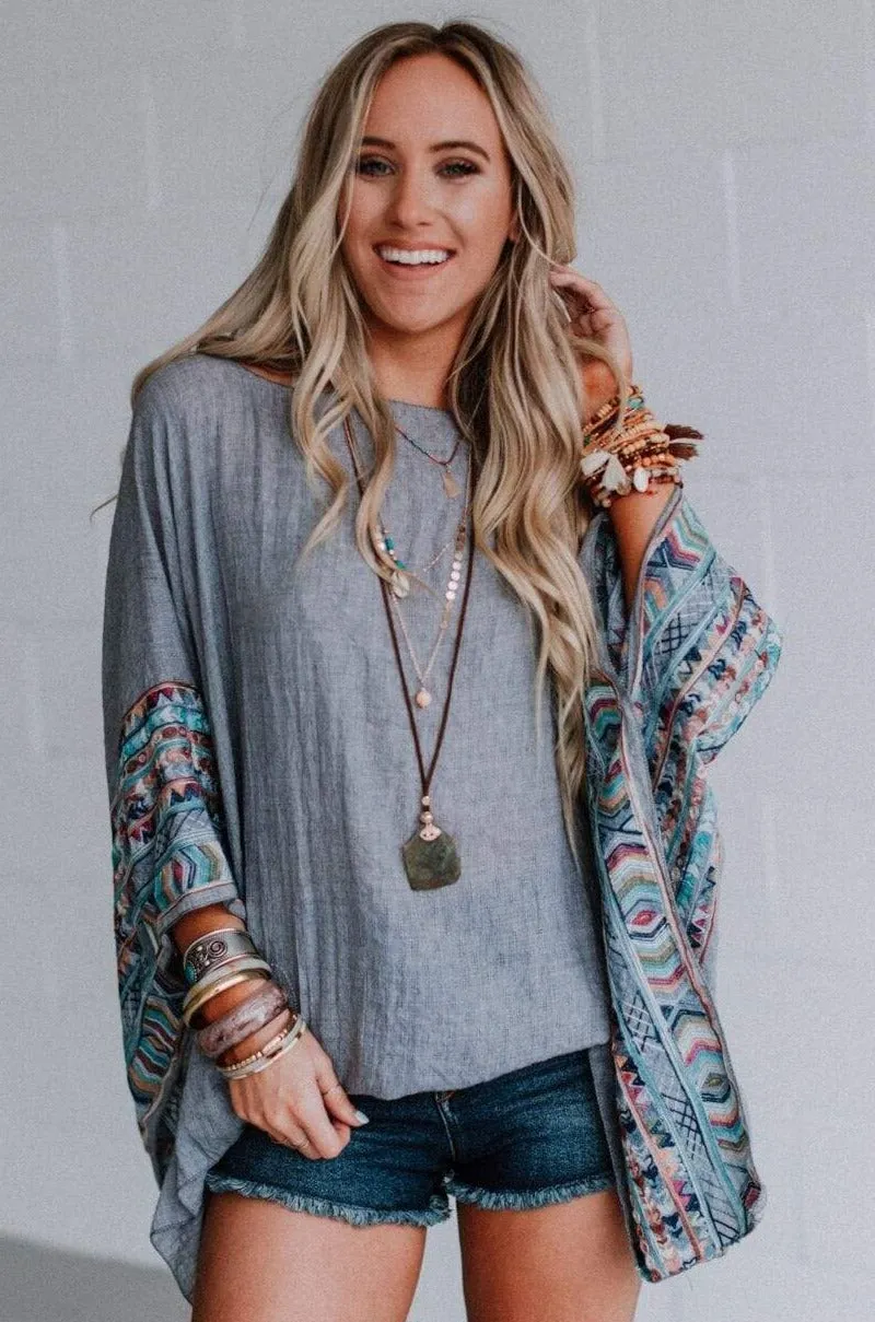 Fallon Embroidered Sleeve Poncho - Gray