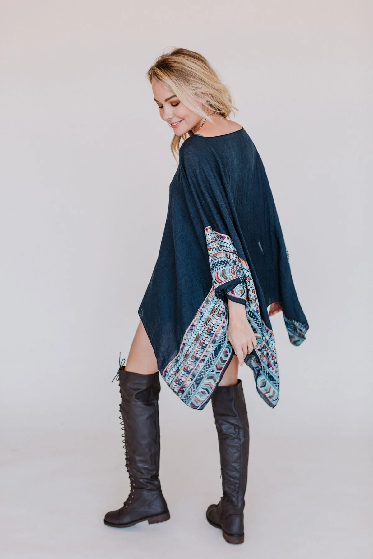 Fallon Embroidered Sleeve Poncho - Navy