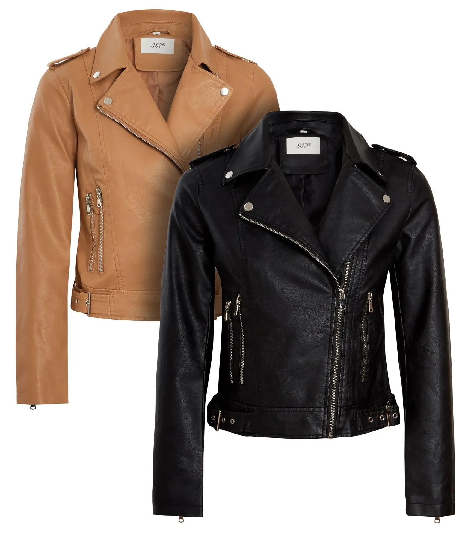 Faux leather Biker Jacket, Black PU, Beige, UK Sizes 8 to 16