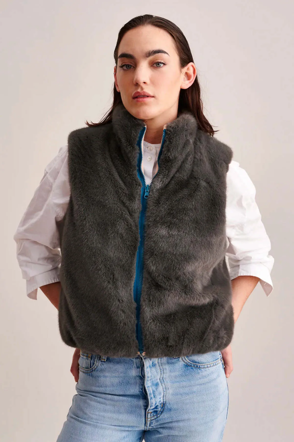 GILET PUFFER REVERSIBILE TURCHESE/ECO PELLICCIA FUME'