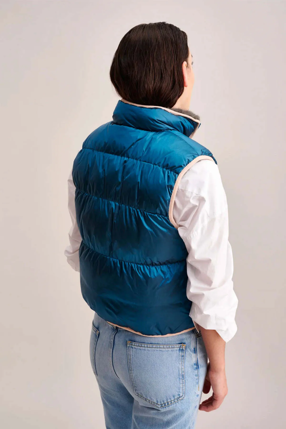 GILET PUFFER REVERSIBILE TURCHESE/ECO PELLICCIA FUME'