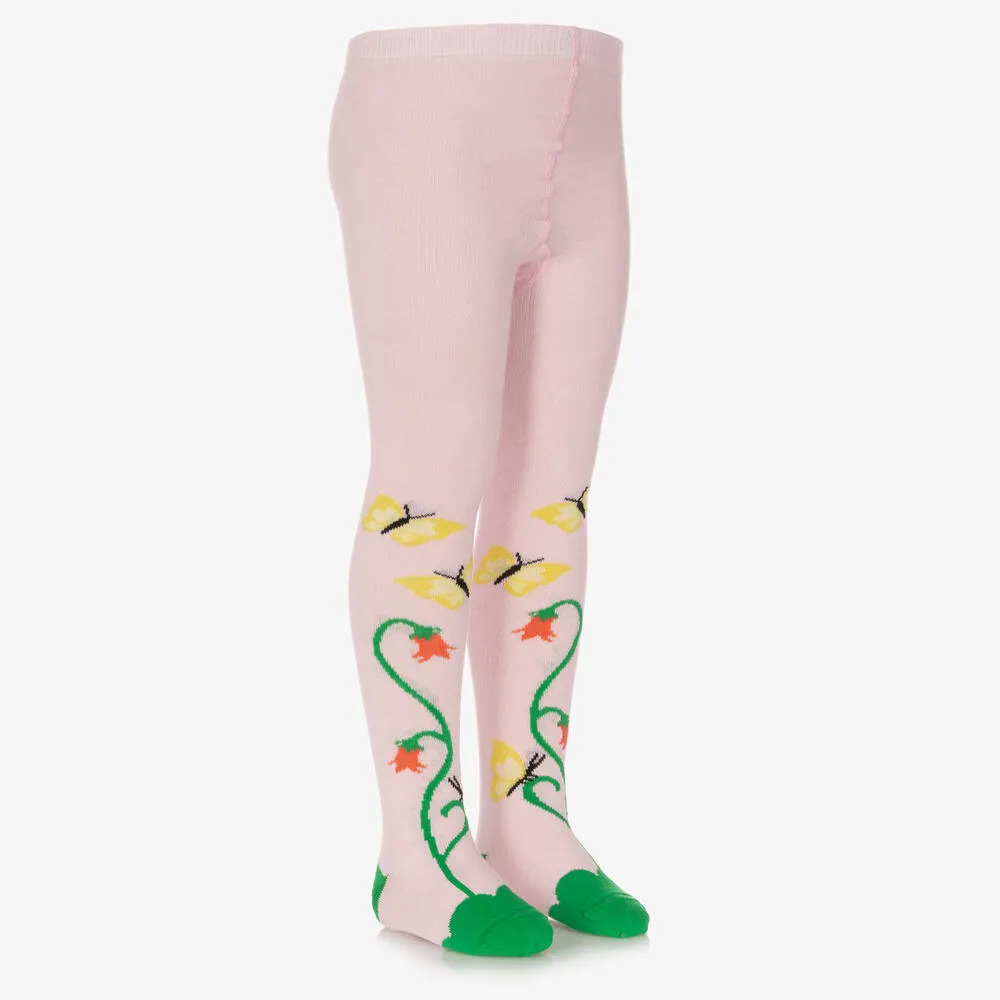 Girls Pink Organic Cotton Butterfly Tights