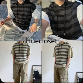 HUE  |[Huecloset]★Stripe Hood Crop Knit Vest (2 colors)