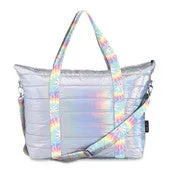 iridescent puffer tote with tie dye strap