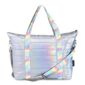 iridescent puffer tote with tie dye strap