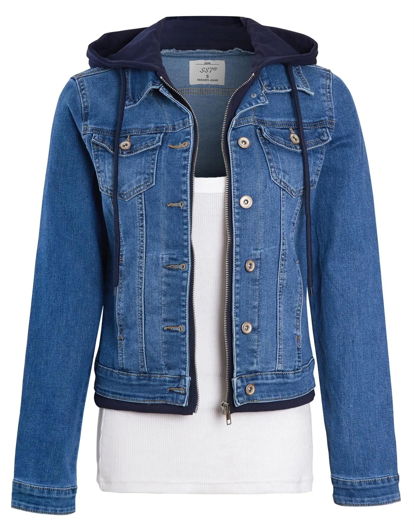 Jersey Hood Denim Jacket, Mid Blue, UK Sizes 8 to 14