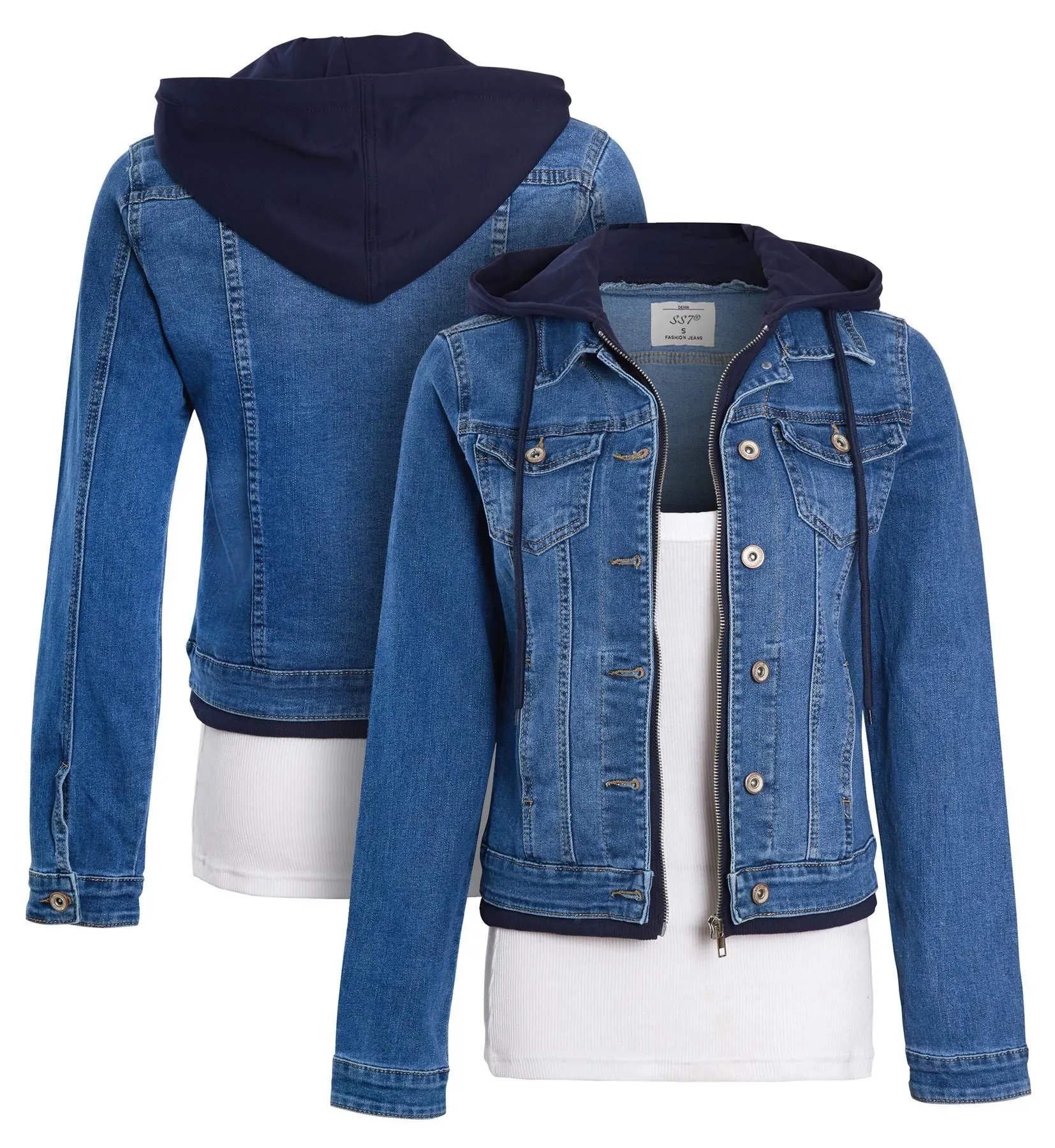 Jersey Hood Denim Jacket, Mid Blue, UK Sizes 8 to 14