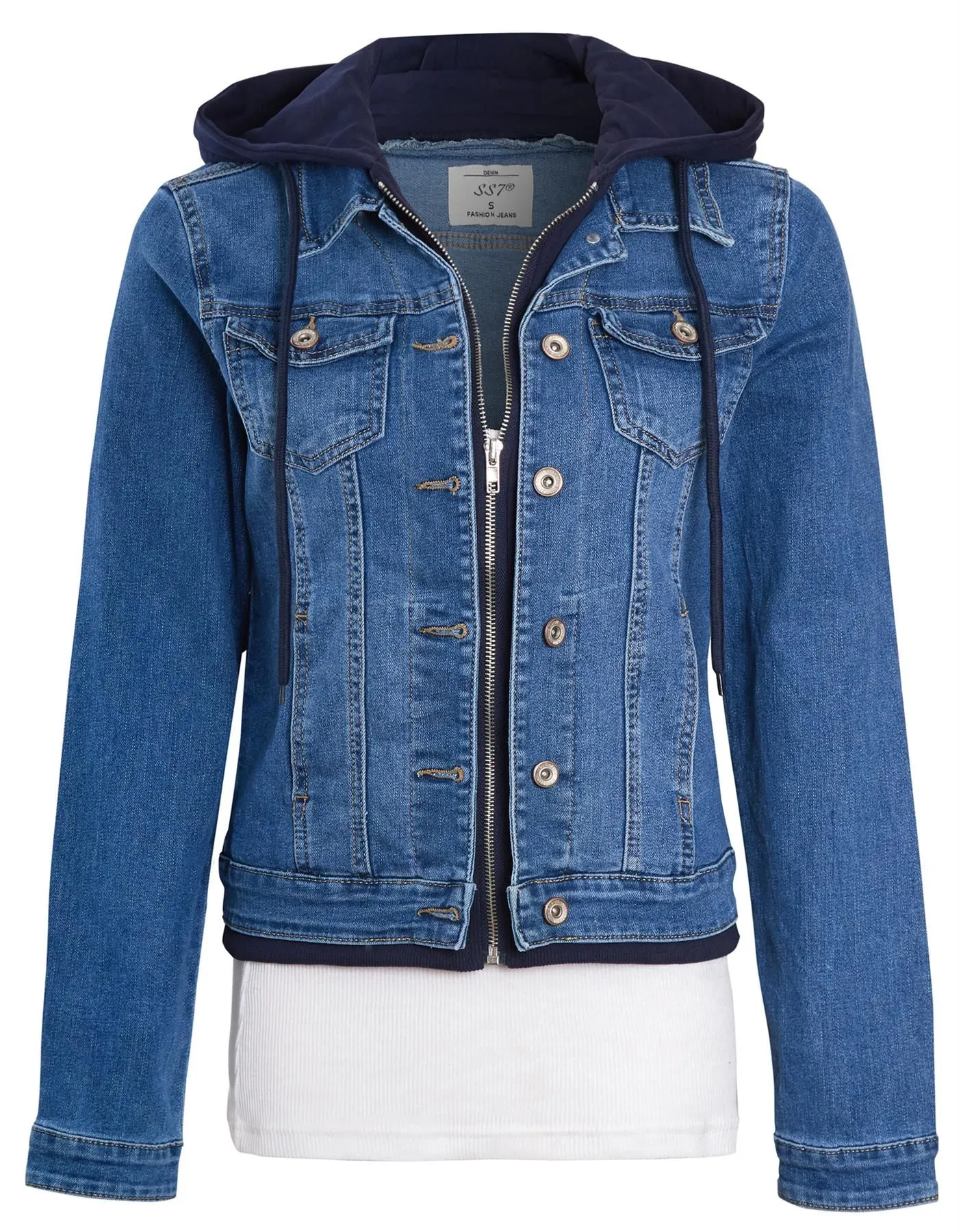 Jersey Hood Denim Jacket, Mid Blue, UK Sizes 8 to 14