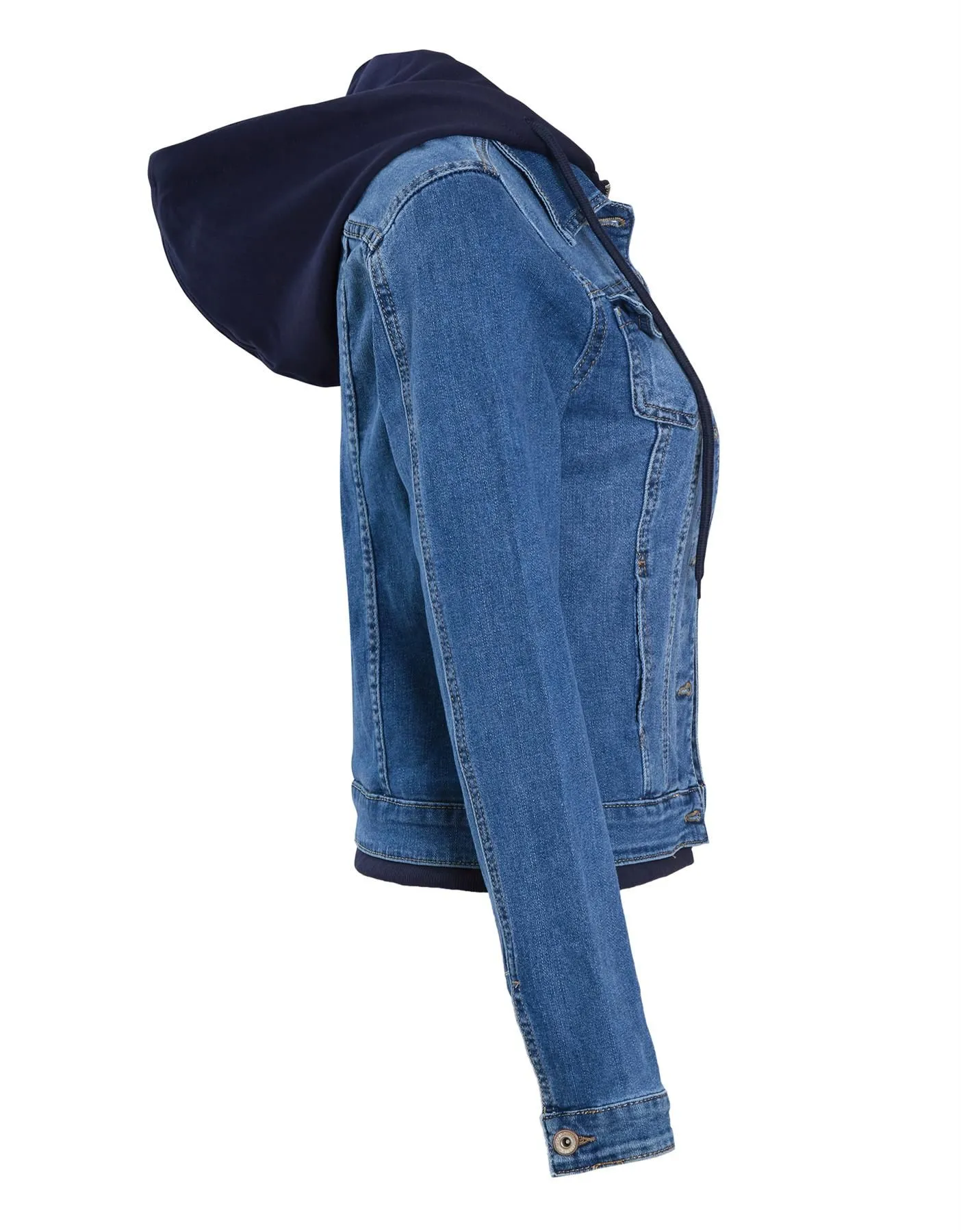 Jersey Hood Denim Jacket, Mid Blue, UK Sizes 8 to 14