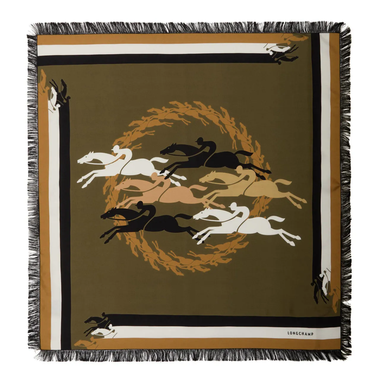 LONGCHAMP Horse Fringe Silk Scarf - Khaki