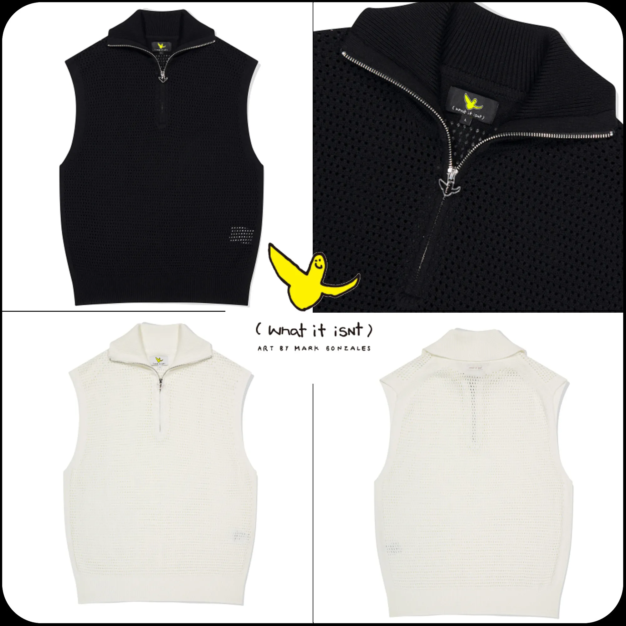 Mark Gonzales  |[WHAT IT ISNT]★ KNIT ANGEL LOGO HALF-ZIP MESH VEST