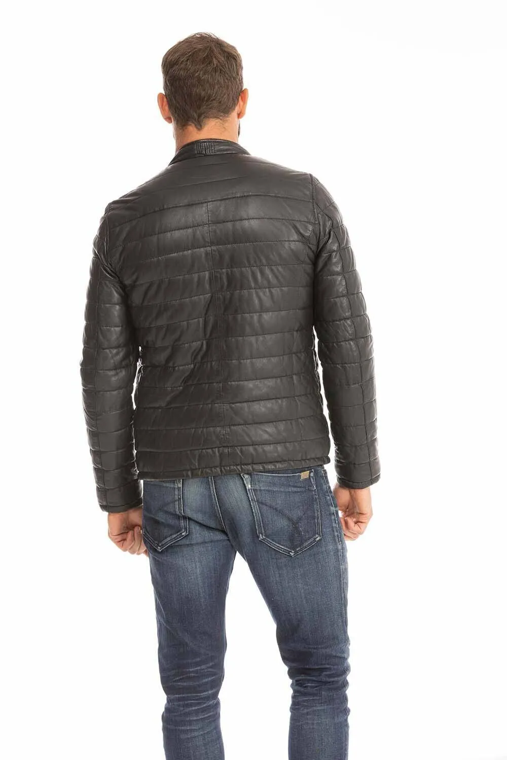 Men's black leather down jacket 64027