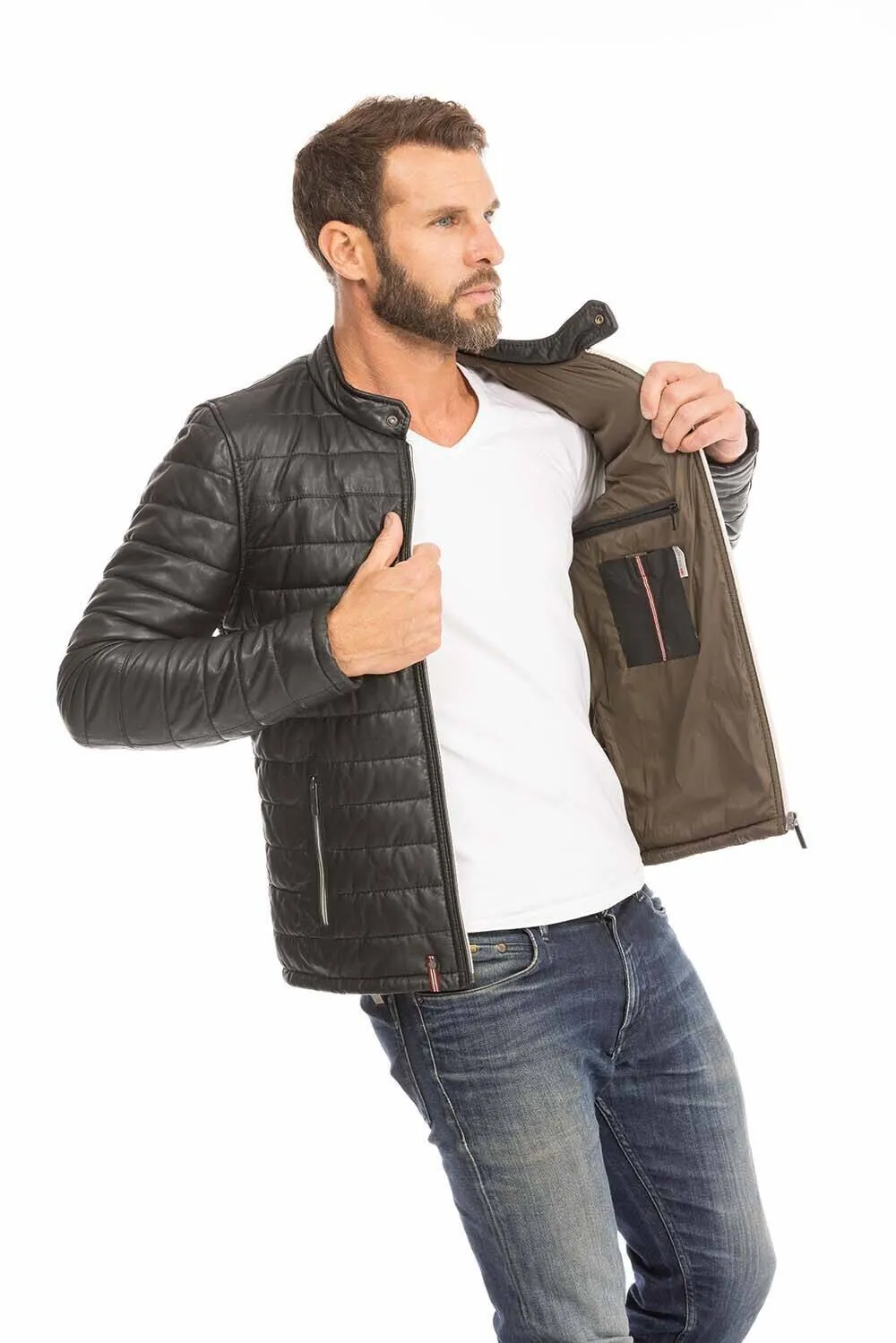 Men's black leather down jacket 64027