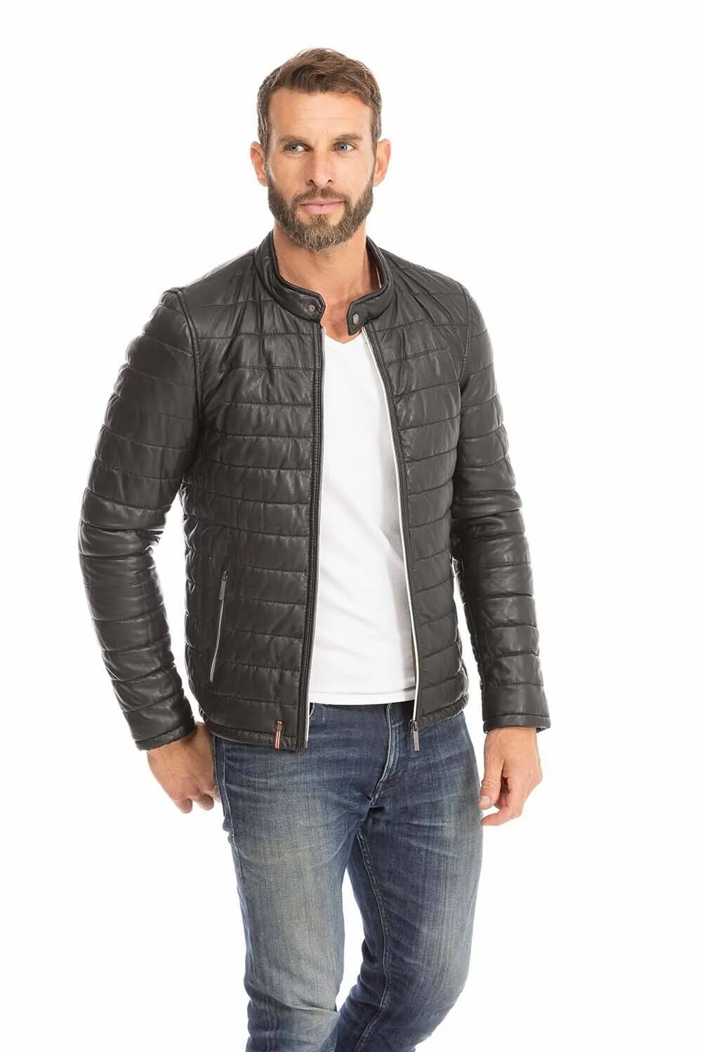 Men's black leather down jacket 64027