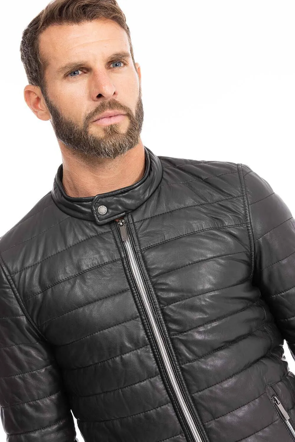 Men's black leather down jacket 64027