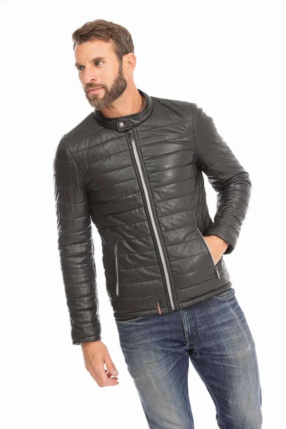 Men's black leather down jacket 64027