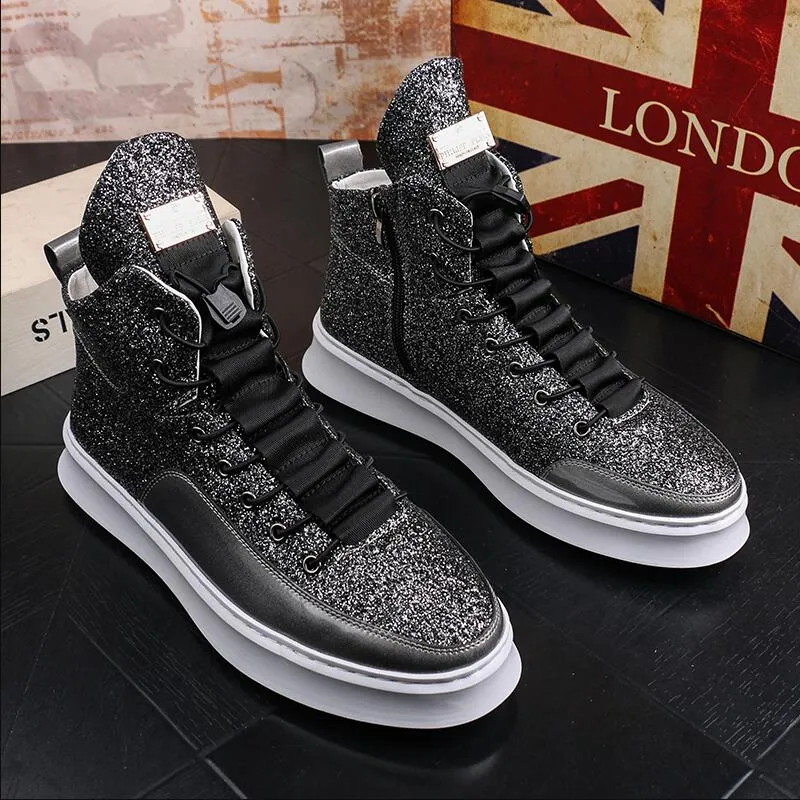 Men's Casual Thick Bottom Lace-Up Waterproof Bling Hip Hop Ankle Boots