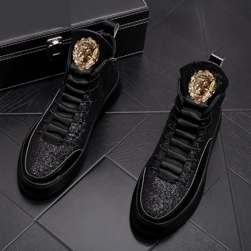 Men's Casual Thick Bottom Lace-Up Waterproof Bling Hip Hop Ankle Boots