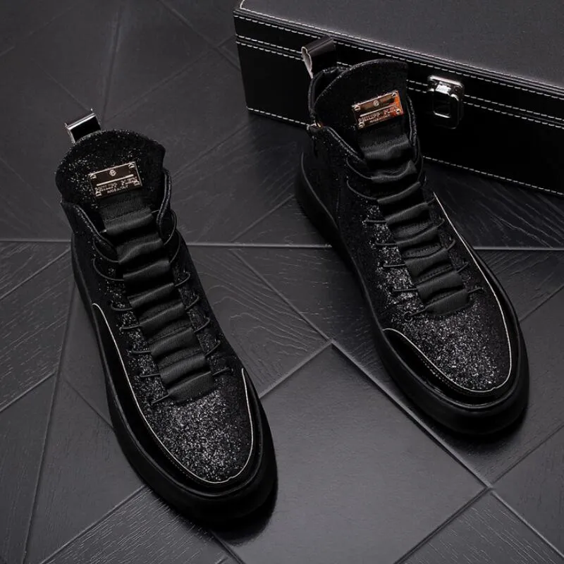 Men's Casual Thick Bottom Lace-Up Waterproof Bling Hip Hop Ankle Boots