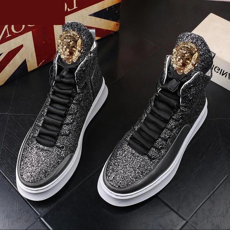 Men's Casual Thick Bottom Lace-Up Waterproof Bling Hip Hop Ankle Boots