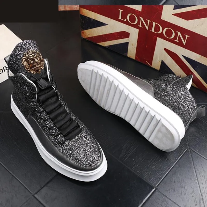 Men's Casual Thick Bottom Lace-Up Waterproof Bling Hip Hop Ankle Boots