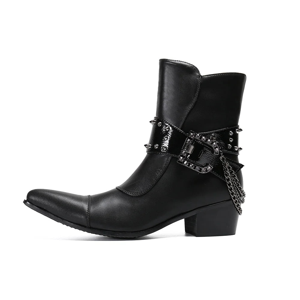 Men's Handmade Pointed Iron Toe 6.5cm High Heels Ankle Boots with Chains