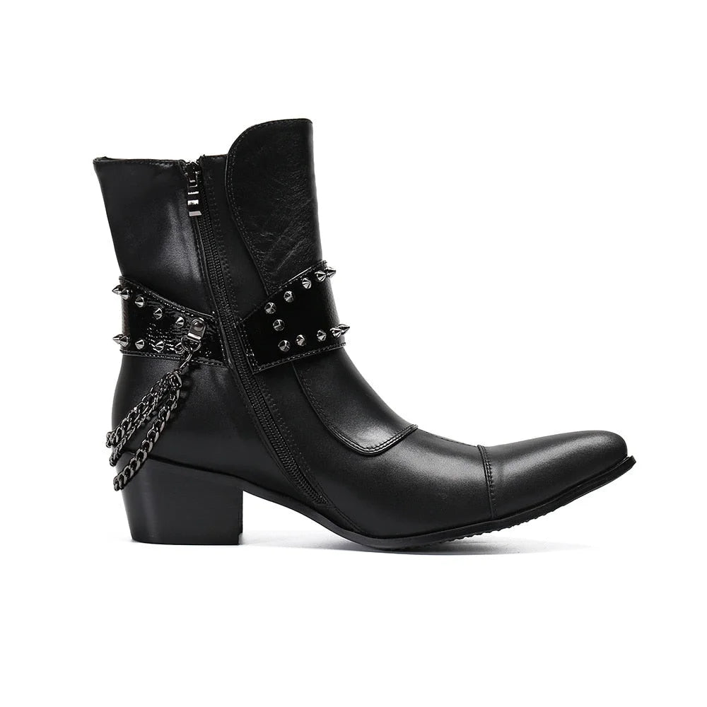 Men's Handmade Pointed Iron Toe 6.5cm High Heels Ankle Boots with Chains