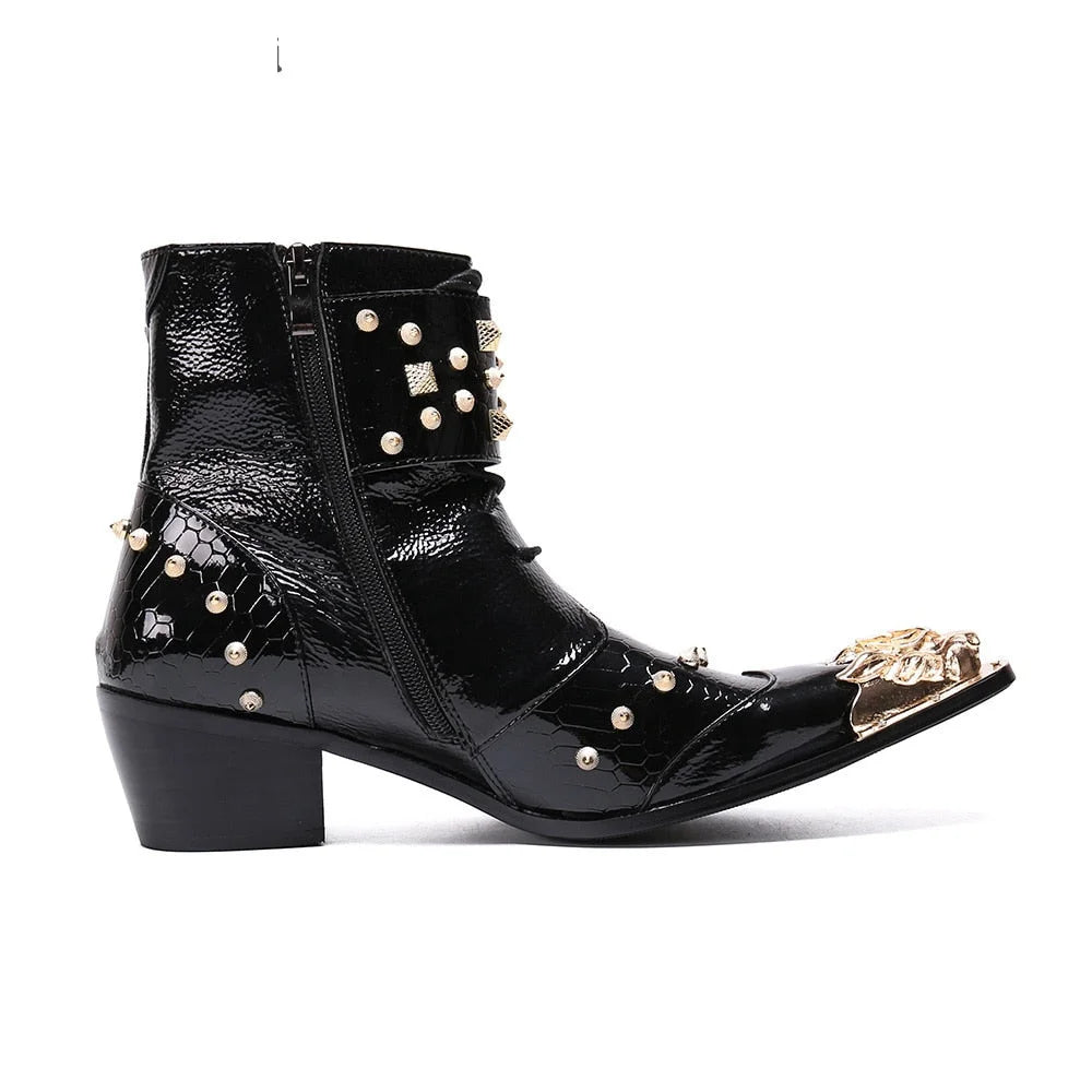 Men's Rock Black Leather Pointed Metal Tip Rivets 6.5cm Heels Ankle Boots