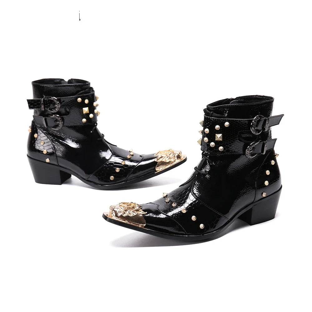 Men's Rock Black Leather Pointed Metal Tip Rivets 6.5cm Heels Ankle Boots