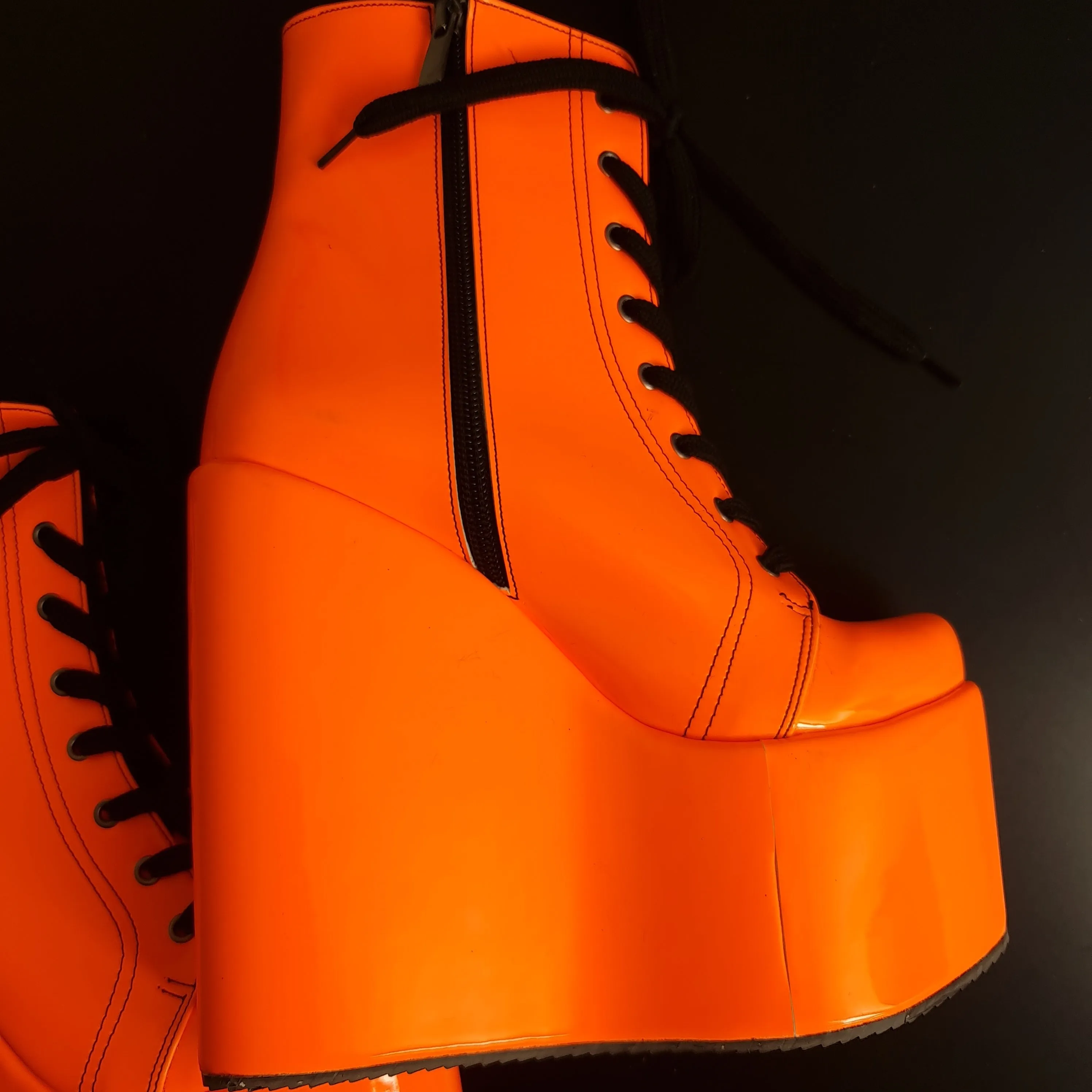 Orange Gloss Black Laces High Heel Platform Wedges